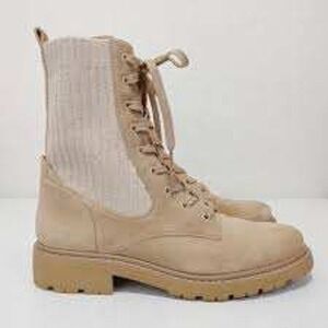 Sam Edelman Lydell Suede Knit Combat Boots Sesame Beige Lug Sole‎ Womens 8M